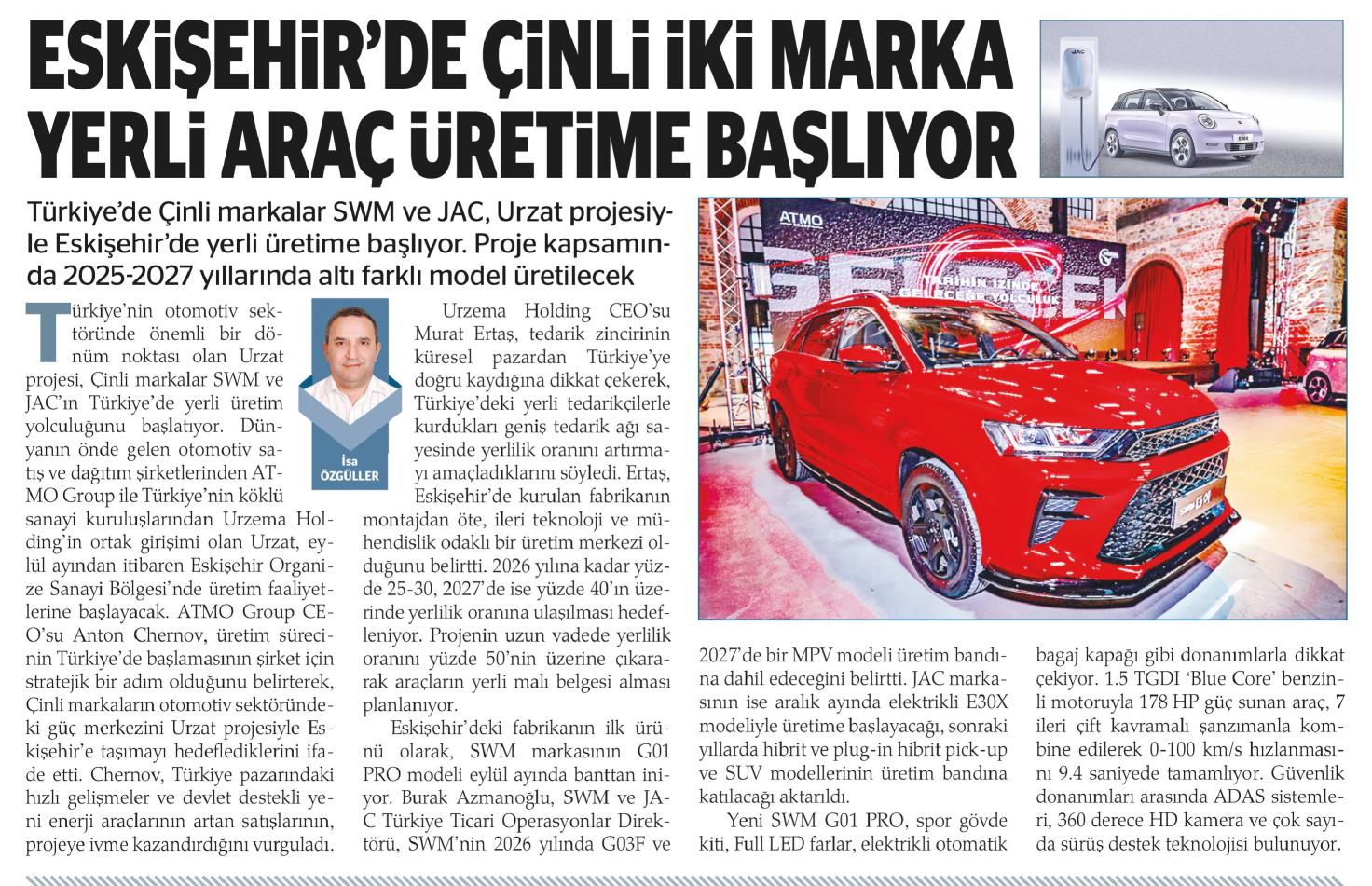 Urzema | Eskişehir’de Çinli İki Marka Yerli Araç Üretime Başlıyor