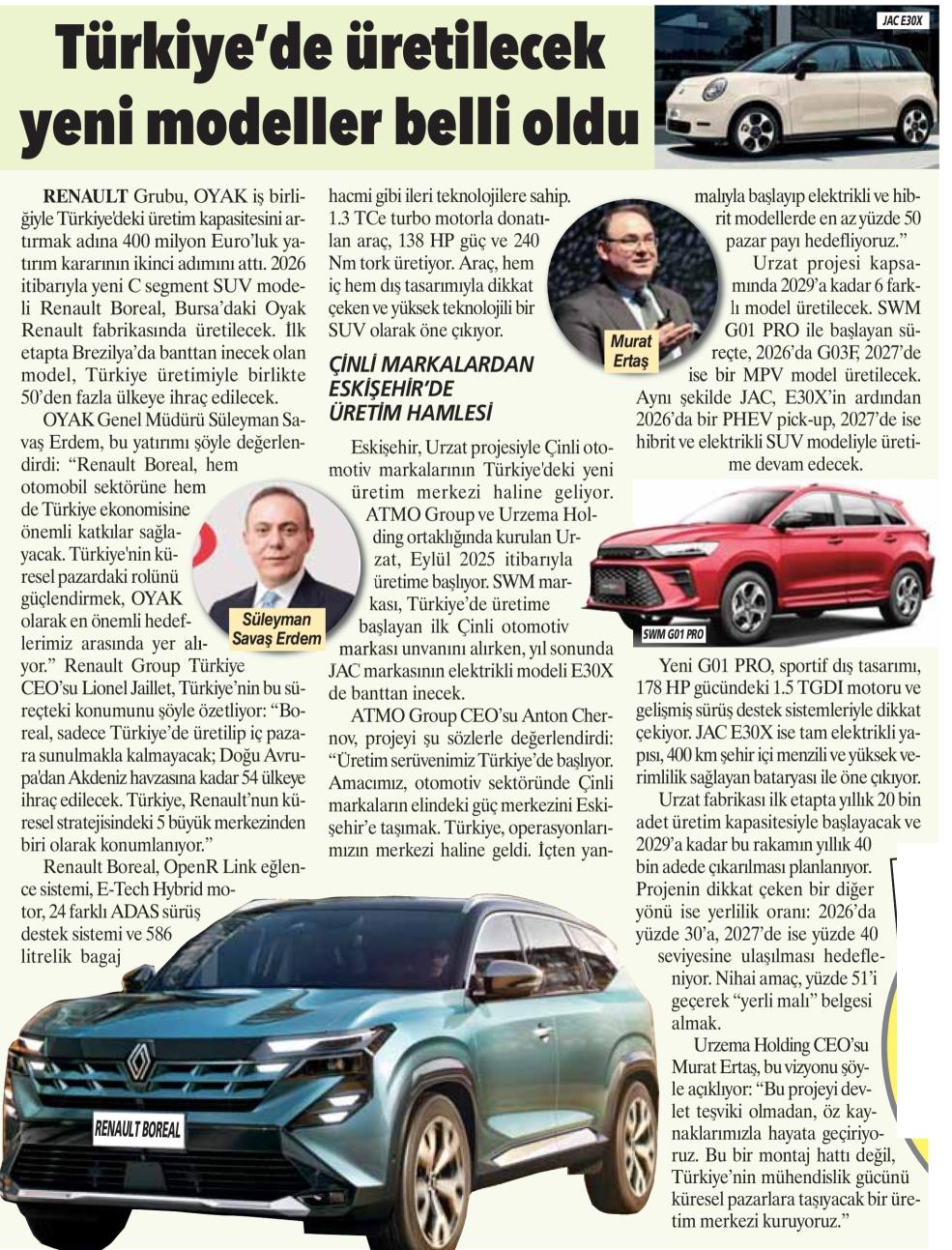 Urzema | Türkiye’de Üretilecek Yeni Modeller Belli Oldu