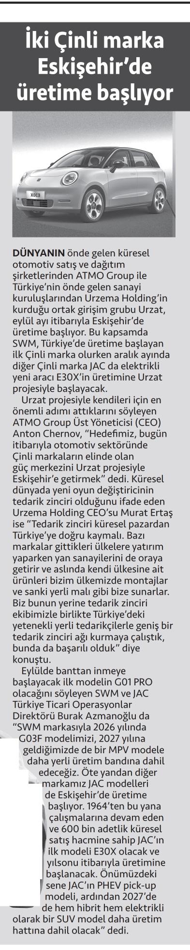 Urzema | Two Chinese Automakers Start Production in Eskişehir