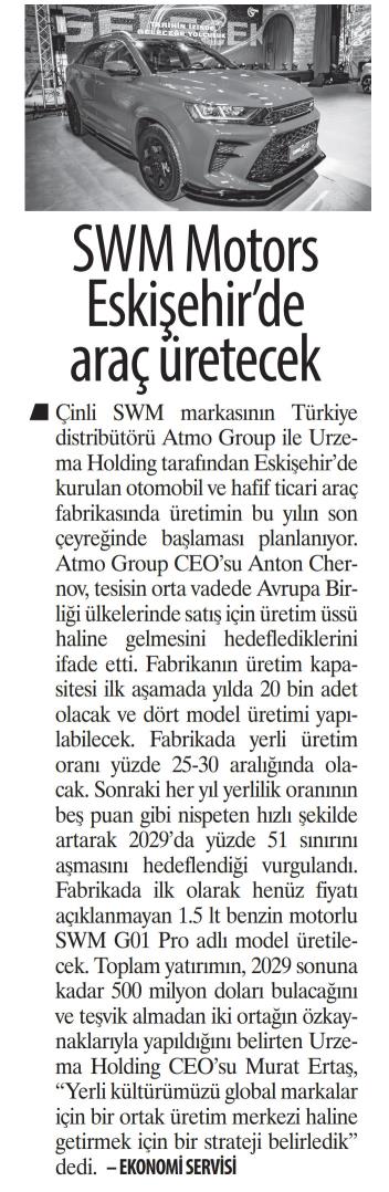 Urzema | SWM MOTORS ESKİŞEHİR’DE ARAÇ ÜRETECEK